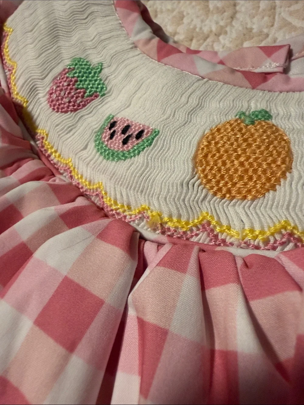 Poppy kids Pink Gingham Smocked Fruit Baby Dress & Bloomers